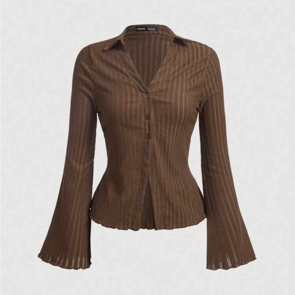 Brown Lettuce Trim Flare Sleeve Button Placket Tee Long Sleeve